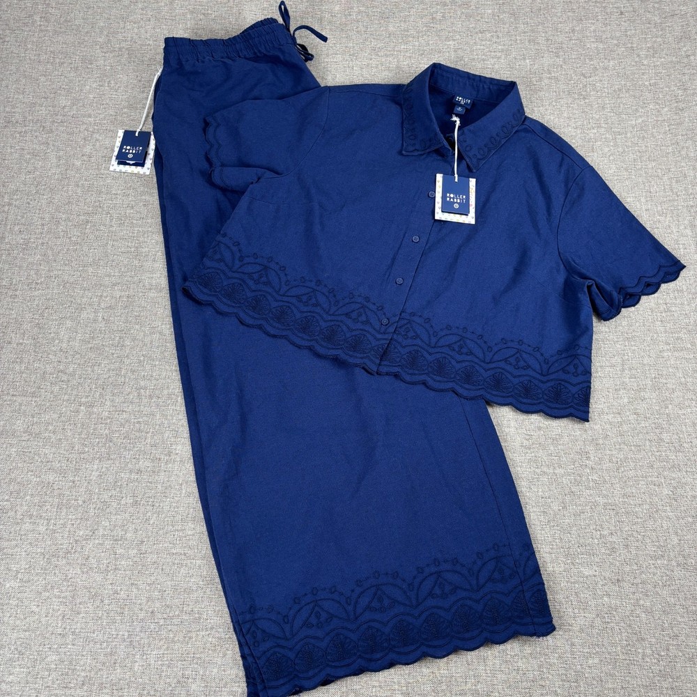 Roller Rabbit Target Set Medium Blue Cotton Linen Top Pants Scallop NWT