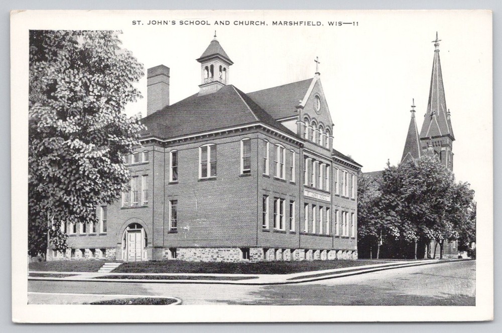 St. John's School & Church Marshfield, WI Postcard E. C. Kropp Co.