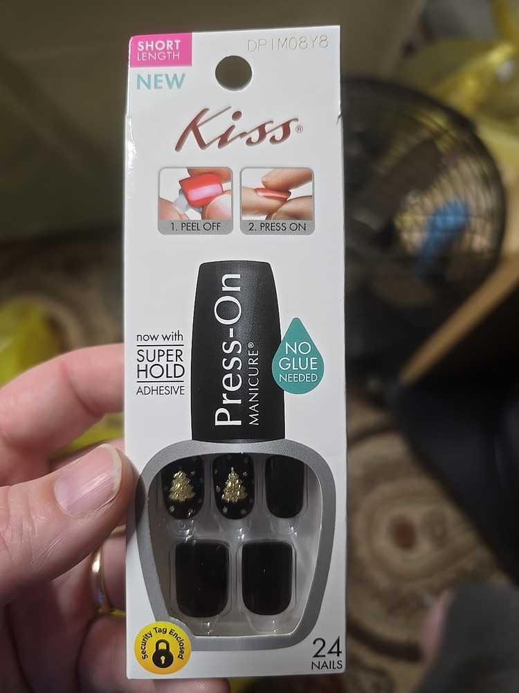 Shiny Black Gold Press On Nails with Christmas Tree Accent Short Length-image