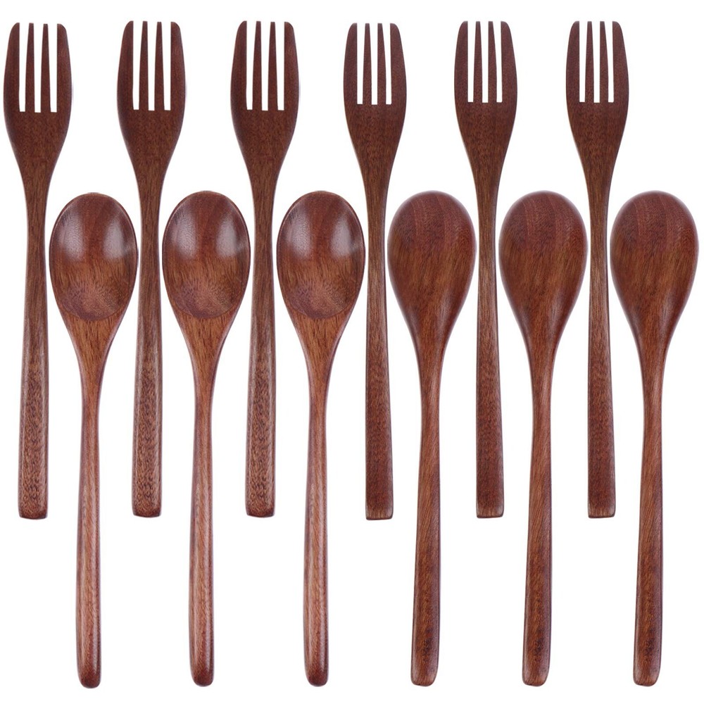 12-Piece Eco-Friendly Wooden Spoon and Fork Kitchen Set, Reusable Natural Tableware