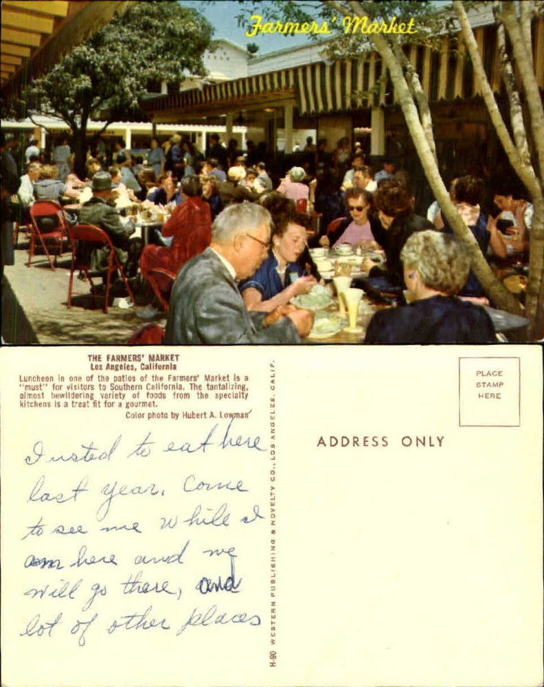 Farmers Market Los Angeles California CA restaurant 1950s postcard