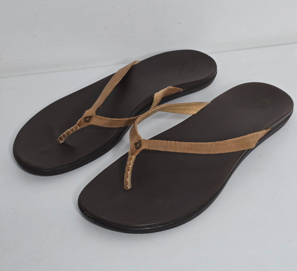 Olukai Ho'opio Womens Size 11 Brown Leather Flip Flop Thong Sandals