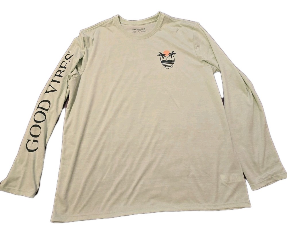 Life is Good Mens Large Green Long Sleeve Crusher Tee Palm Trees Sun Relaxed Fit