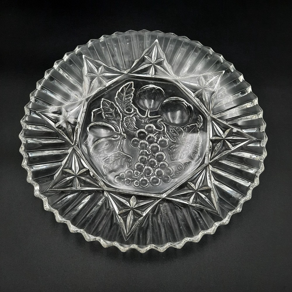 Vintage Glass Fruit Motif Serving Plate W/ Scalloped Edge & Starburst Design
