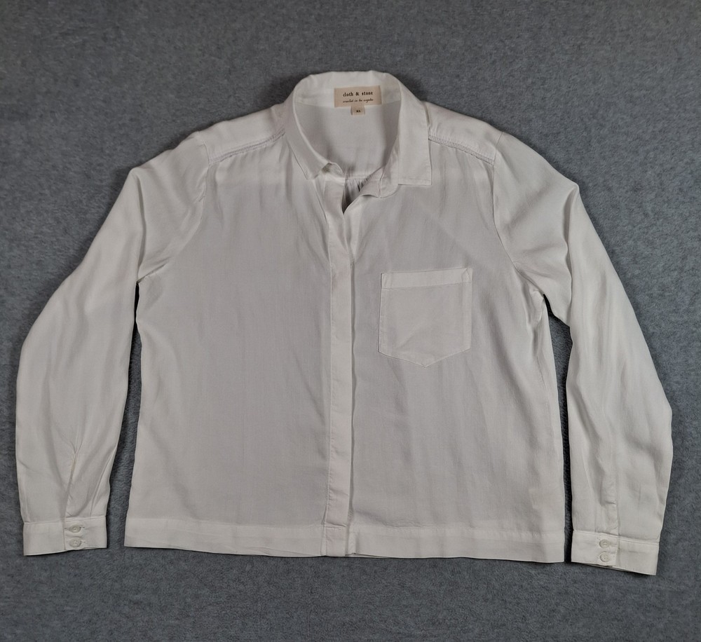 Cloth & Stone Anthropologie Hidden Button Up Blouse XL White Braid Trim Lyocell