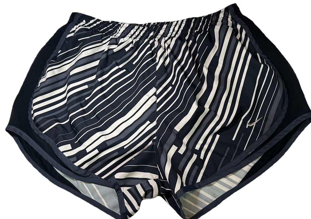 Nike Shorts Women's Large Black Navy Blue Stripes Dri-FIT Running Lined Athletic