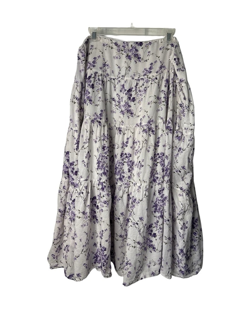 Lauren Ralph Lauren White Purple Flowers Peasant Tiered Cotton Cottagecore Skirt