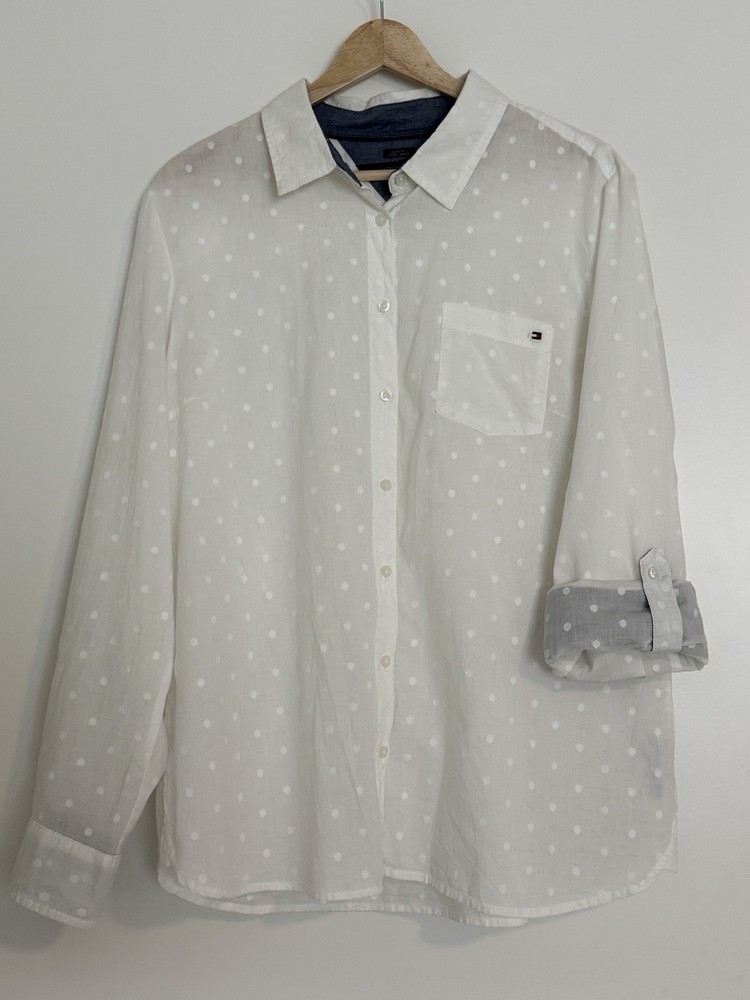 Tommy Hilfiger Shirt Womens XL White Polka Dot Long Sleeve Button Down