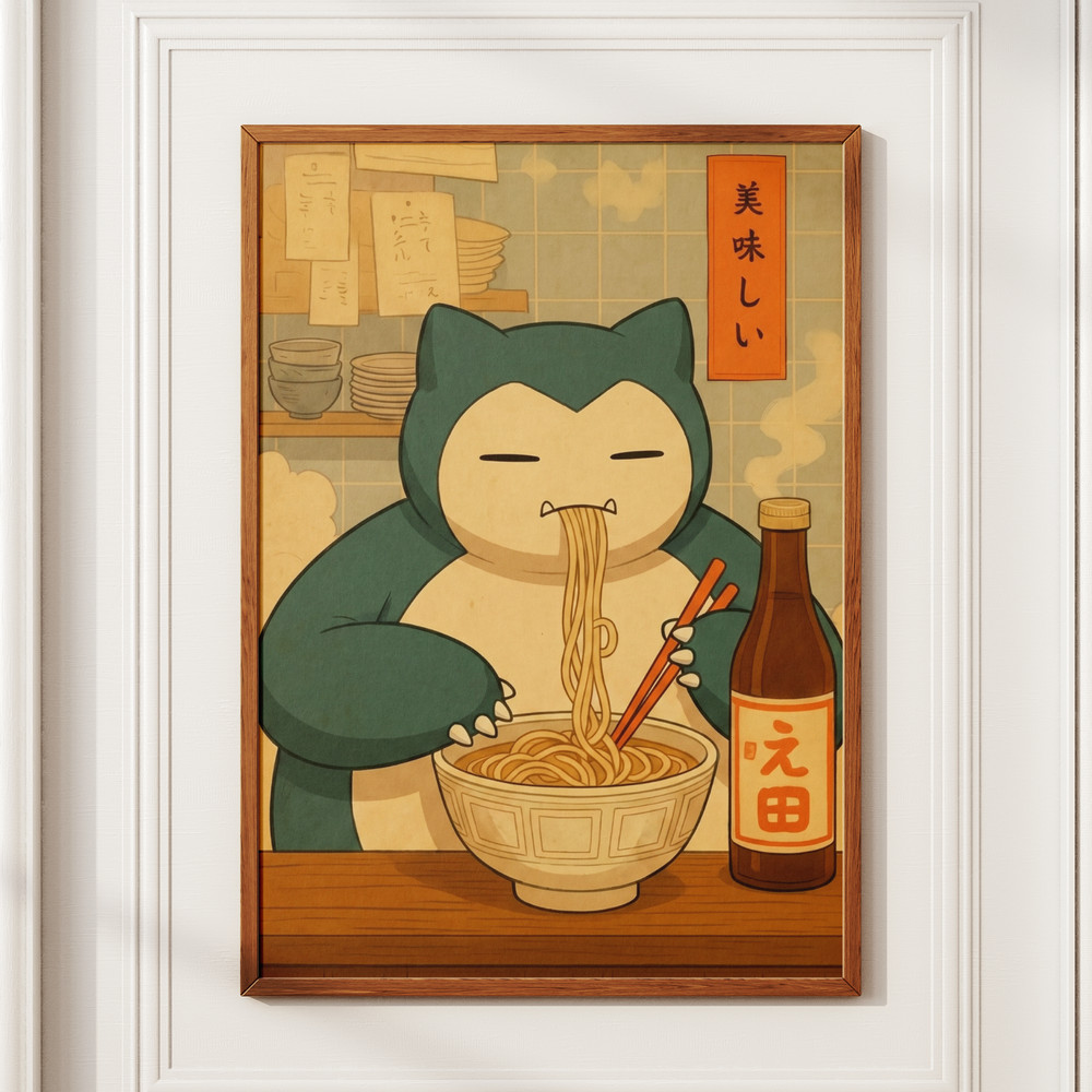 Snorlax Anime Ramen Noodle Poster Cute Vintage Japanese Style Bowl Wall Art Deco