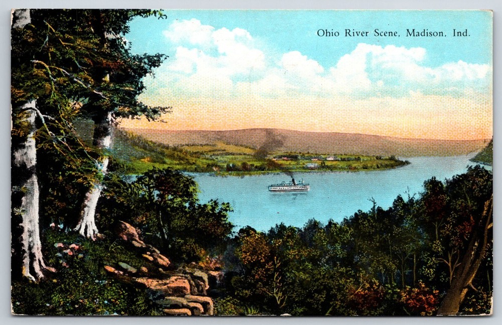 Madison Indiana~Ohio River Scene W/ Steamer Boat~Postmarked~Vintage Postcard