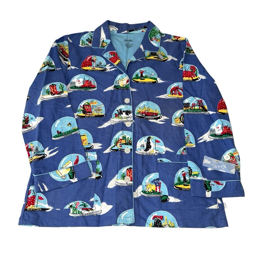 Nick & Nora Snow Globe USA Pajama Top Size XL Blue 100% Cotton Flannel NWT