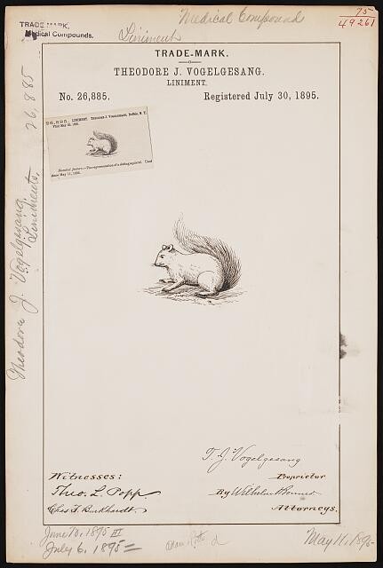 Theodore J Vogelgesang Squirrel Logo Liniment Trademark 1895 Medical Compound
