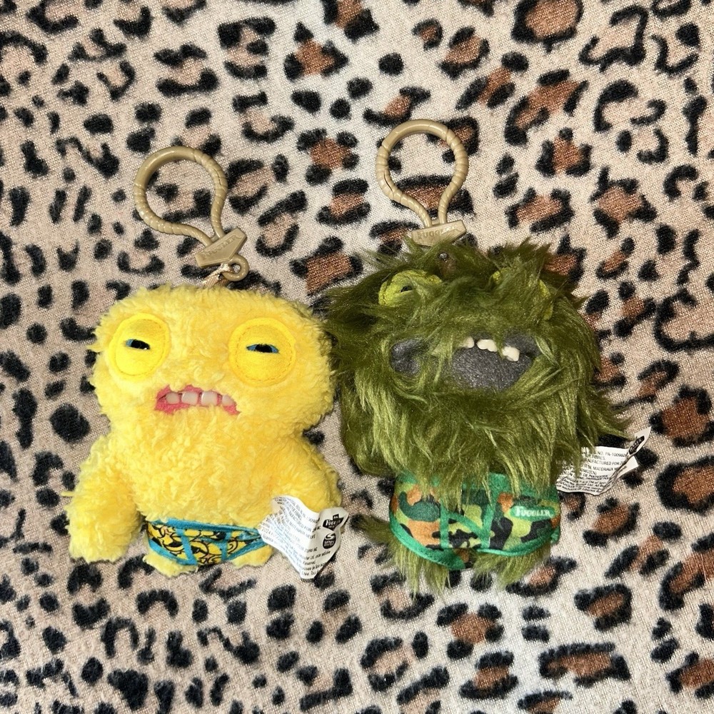 Fugglers Plush Monster Keychain Lot of 2 Yellow & Green Carabiner Clip