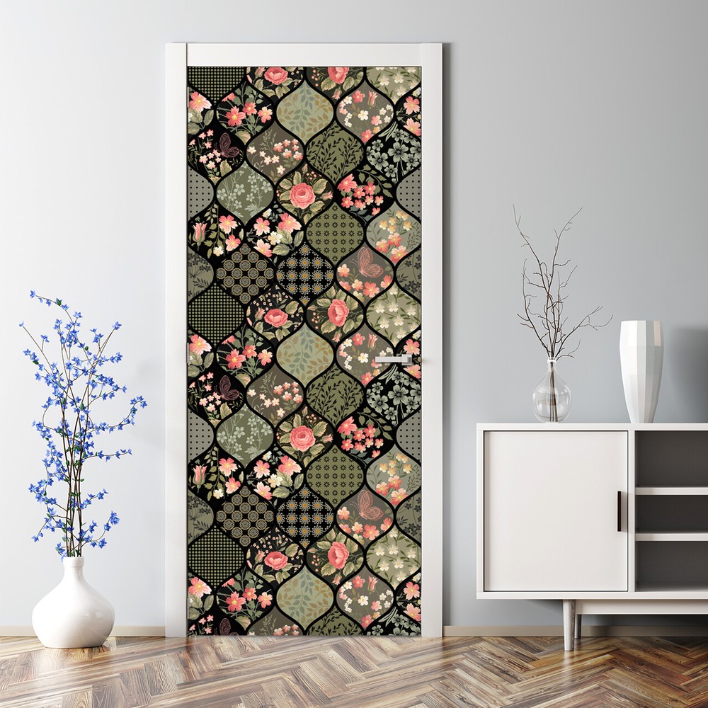 Colorful Patchwork Floral Green Pattern Adhesive Door Decal Art  