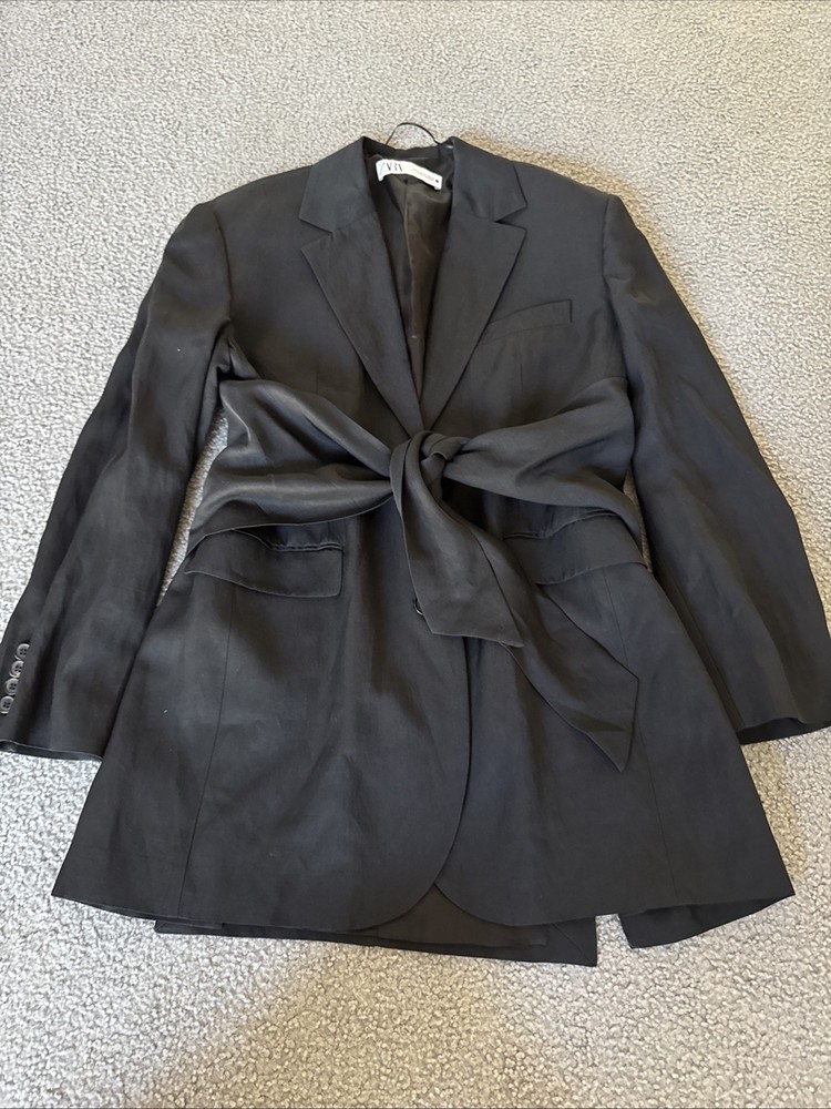 Zara Blazer Womens M Belted Jacket Career Classic Minimalist Lined City Black