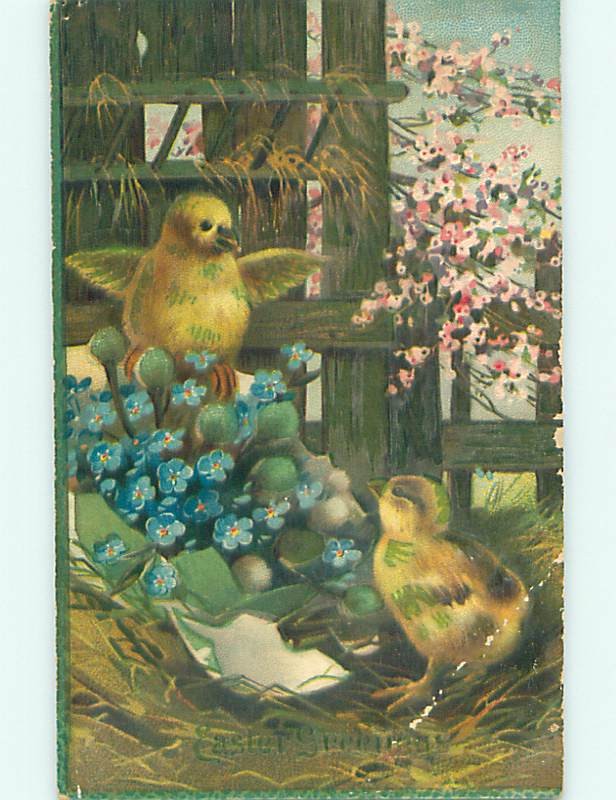 Divided-Back easter CHICKS WITH BLUE & PINK FLOWERS : : make an offer r3590