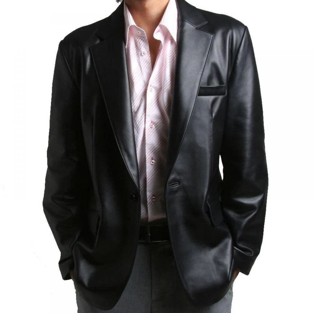 Handmade Men's Black Genuine Lambskin Leather Soft Jacket Blazer One Button Coat