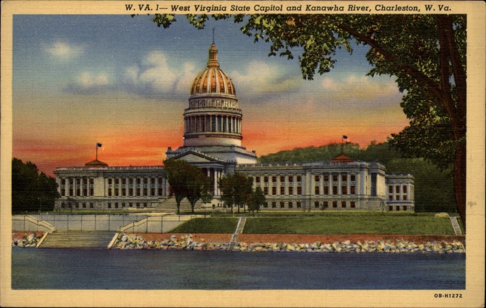 State Capitol ~ Kanawha River ~ Charleston West Virginia ~ 1940s linen postcard