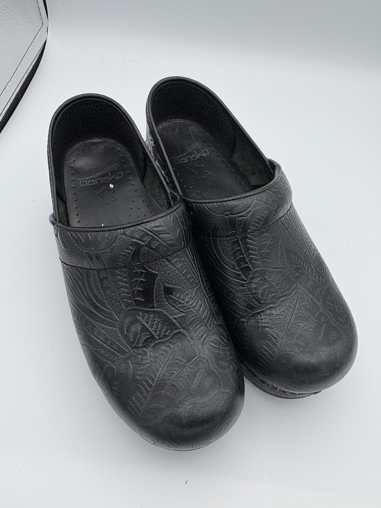 Dansko Professional Clogs Shoes Womens Size 6.5 Black Floral Embossed Leather