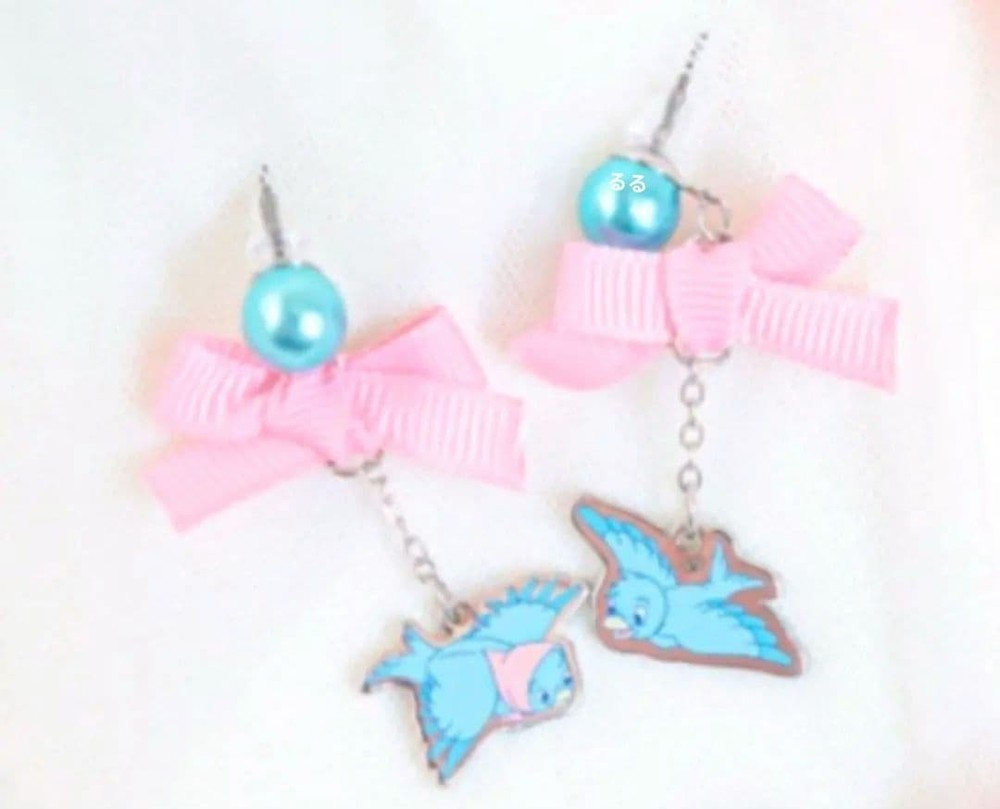 Shimamura Disney Kaho Cinderella Blue Bird Charm Ribbon Earrings #538350