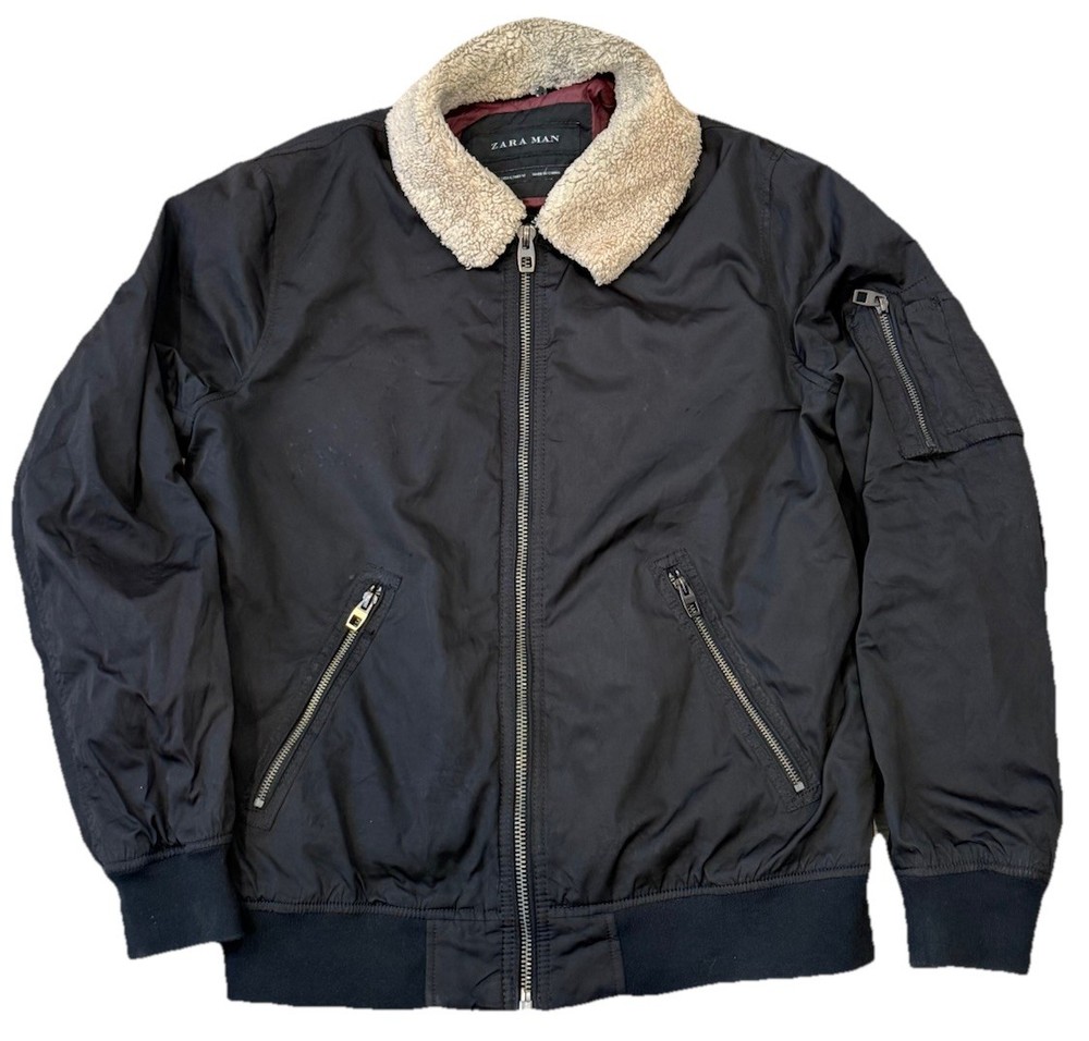 Zara Man Faux Fur Collar Aviator Bomber Jacket Men’s Size Large Black Coat