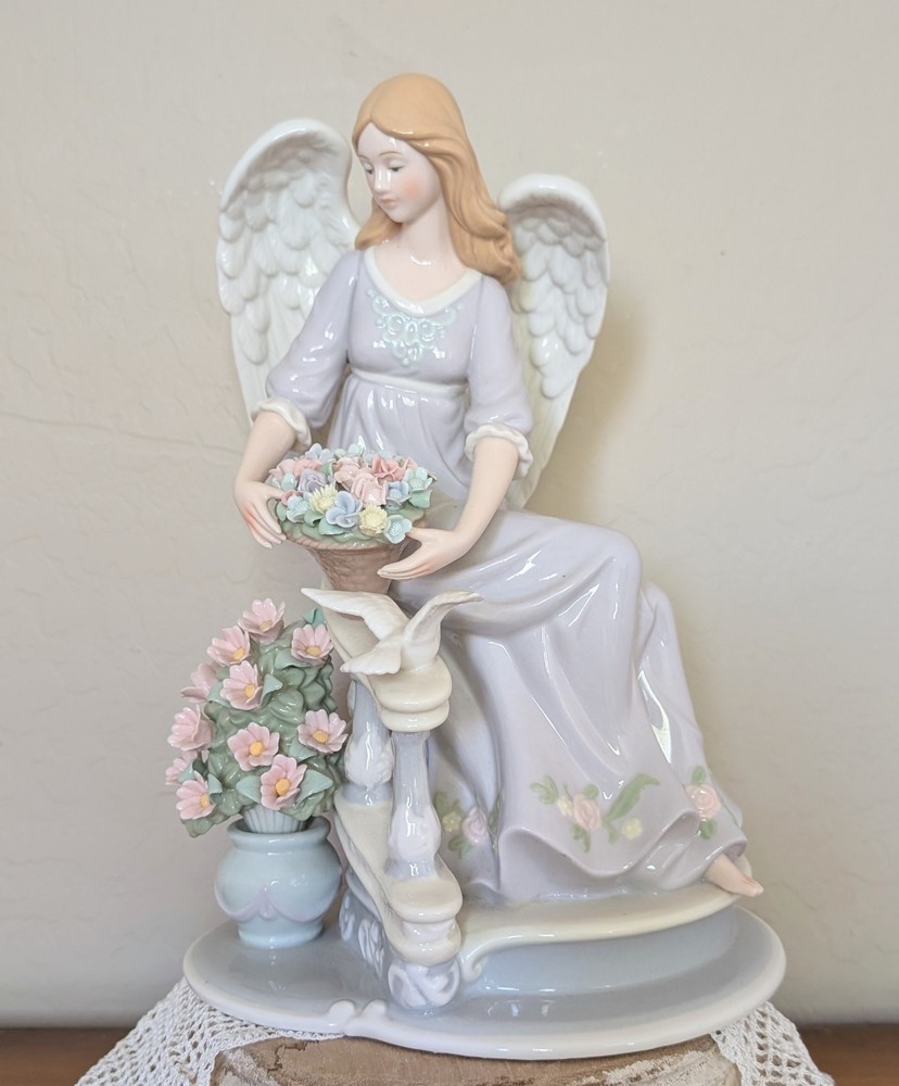 Porcelain Angel Figurine Hand Painted Glossy Floral Dove Flower Basket Lovely!