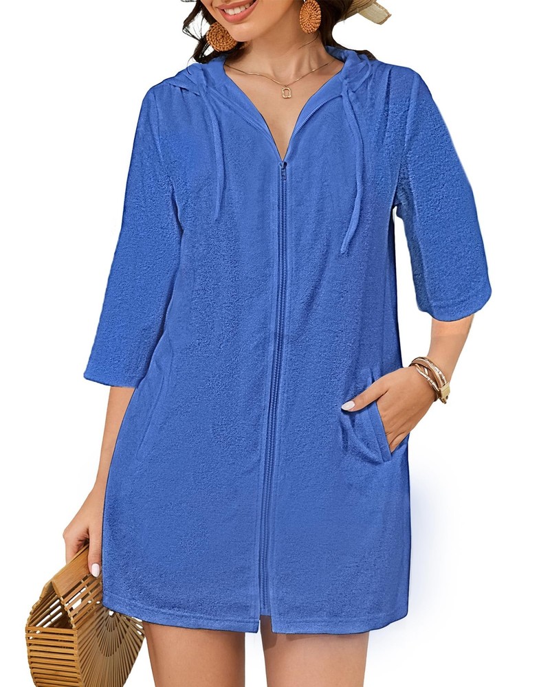 Terry Cloth Swim Coverup - Women Long Sleeve Hooded Swimsuit Coverup Zipper B...
