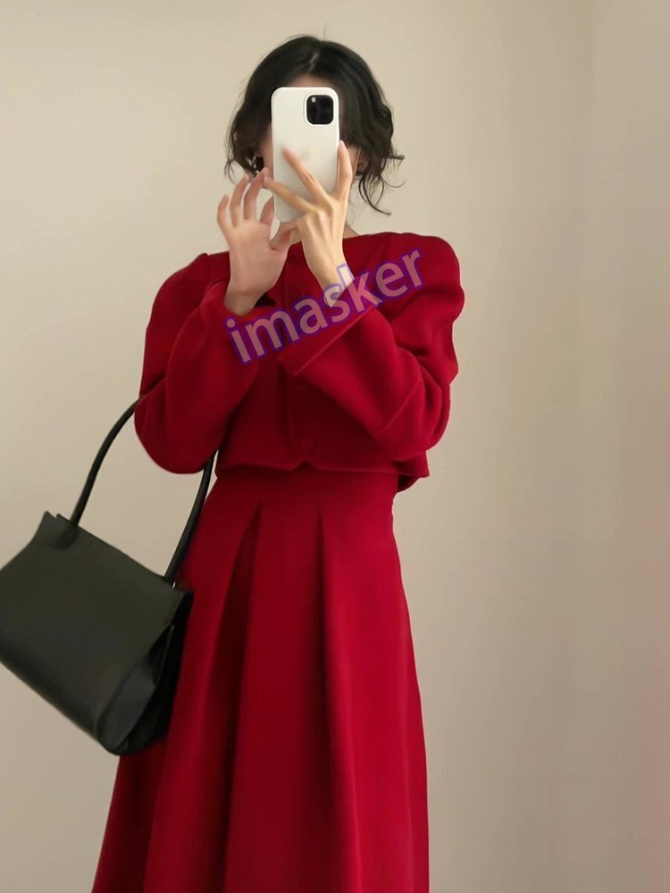 Winter Elegant Elegant Two Piece Set Dress Womens Tops with Skirt Wool Coat 2pcs