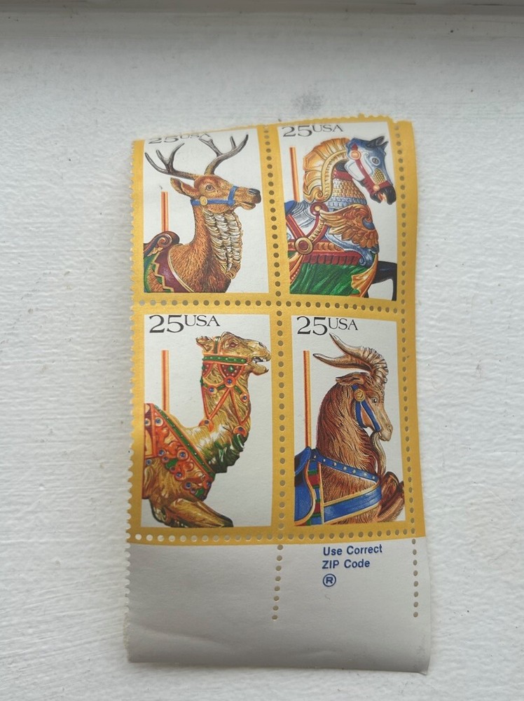 1988 USPS Carousel Stamps x 4, 25 Cents Never Used