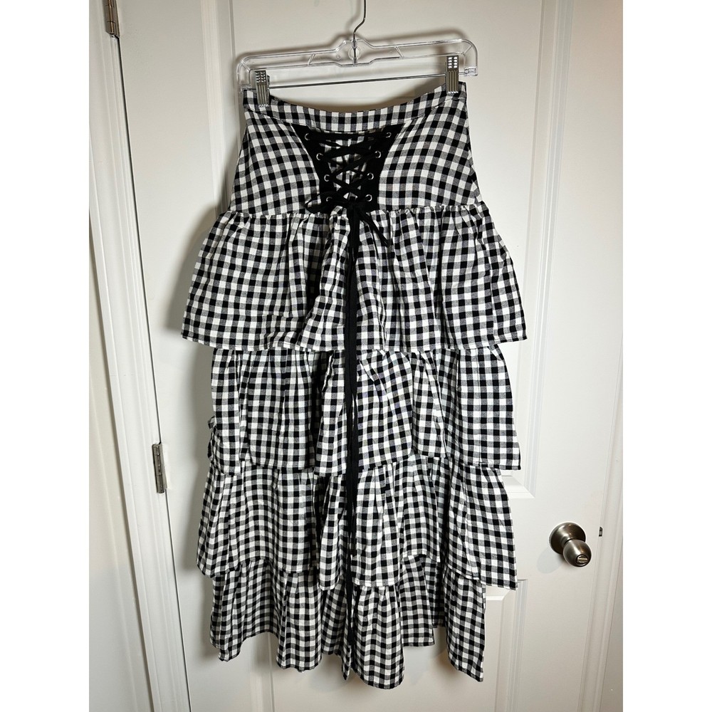 Thorn & Fable Black White Gingham Tiered Ruffle Midi Skirt Women's Small
