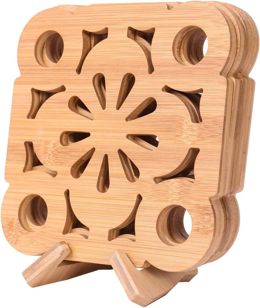 Premium Bamboo Wood Pot Holders for Kitchen - Set of 4 Sturdy Heat-Resistant Pad