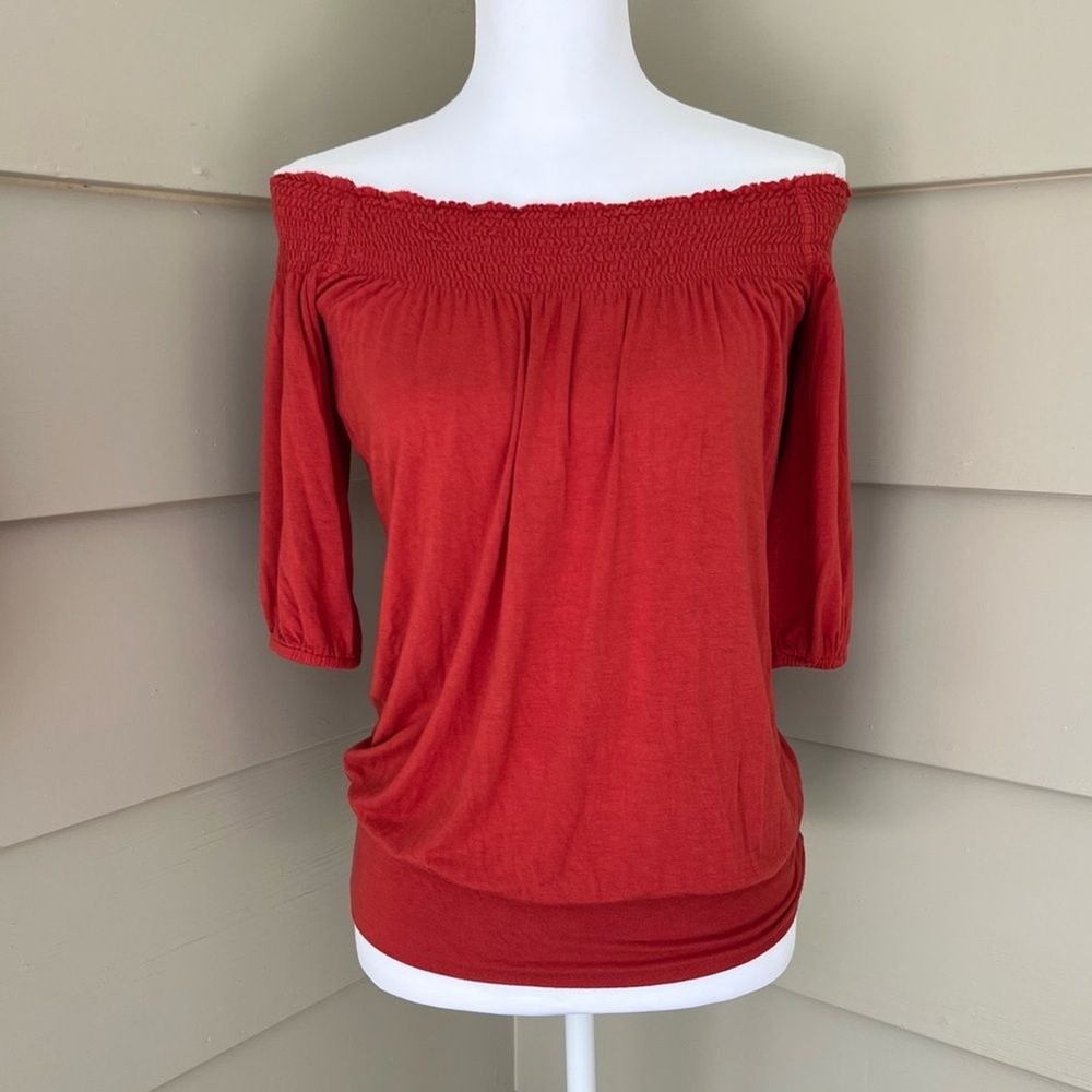 Naf Naf Peasant Smocked Off Shoulder Blouse Red  Orange Size 0 Top Womens Y2K