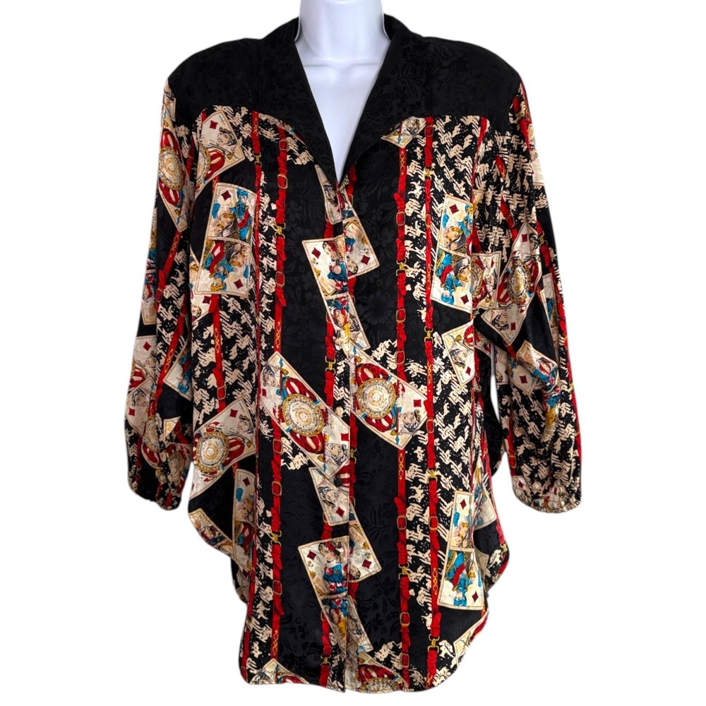 Vintage Diane Freis Original Silk Top Playing Cards Print Sz L Boho Luxe Artsy