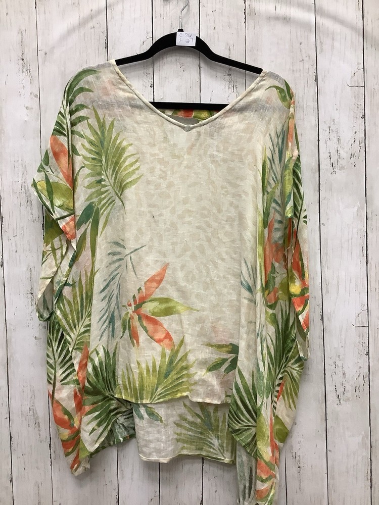 Chico's Tropical Paradise 100% Linen Floral Palm Print Poncho Top Tunic, Size L