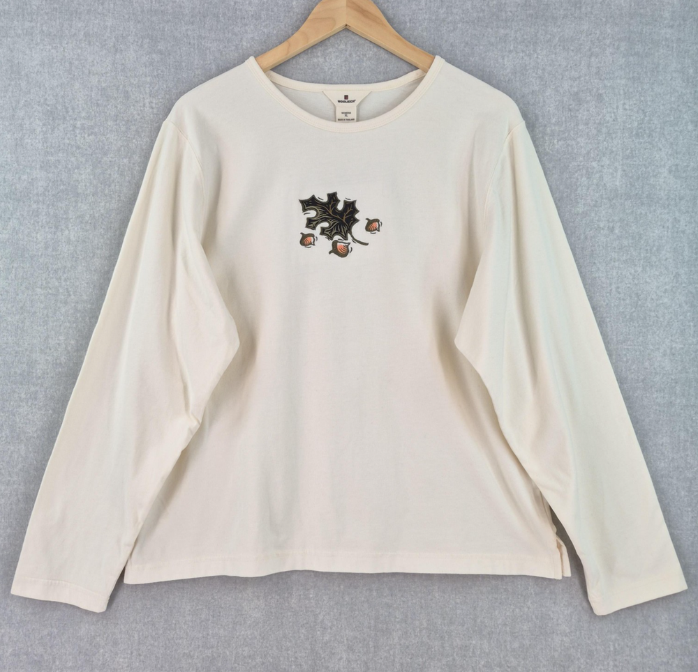 Woolrich Shirt Womens XL Ecru Embroidered Leaf Acorn Long Sleeve Cotton Tee Top