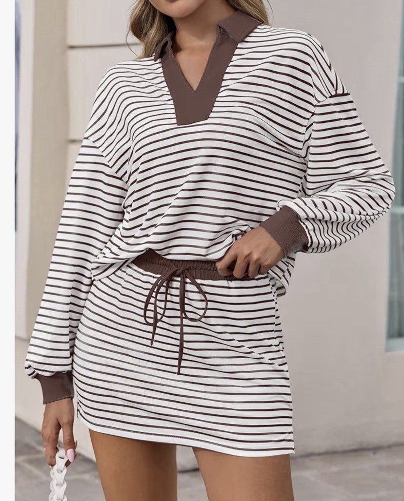 Fisoew 2 Piece Striped Lounge Skort Set Women’s Large NWT Brown White