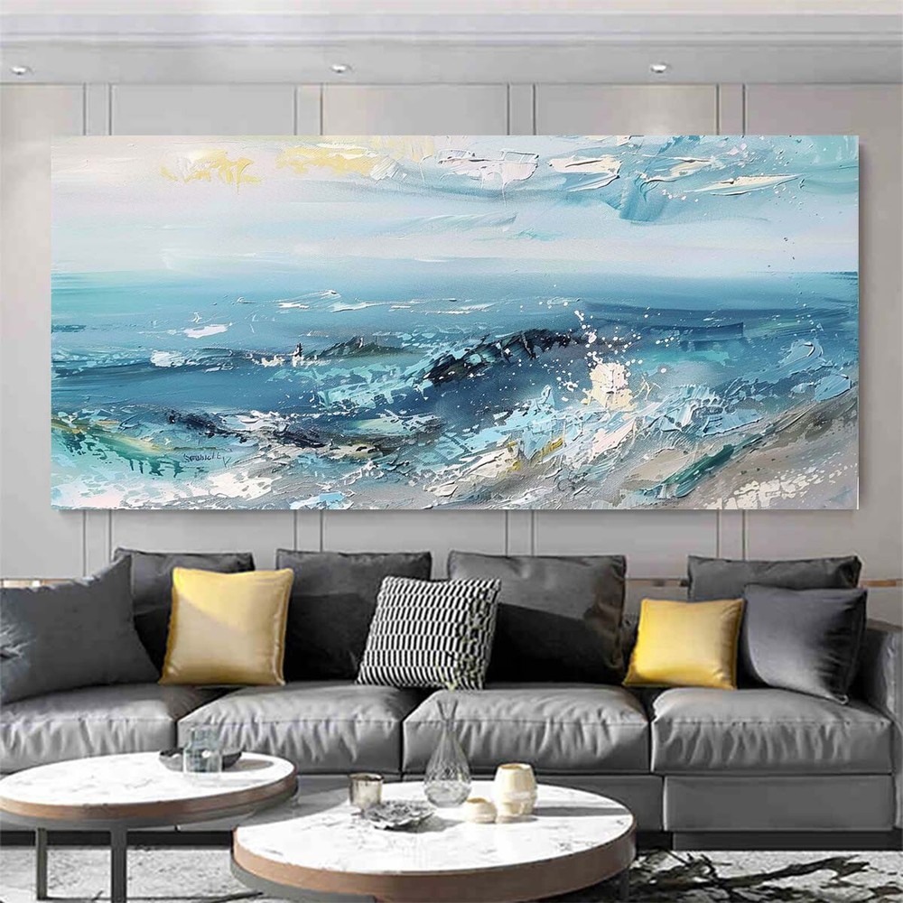 Blue Large Living Room Wall Arts Hand Painted Modern Abstract Seascape Canvas