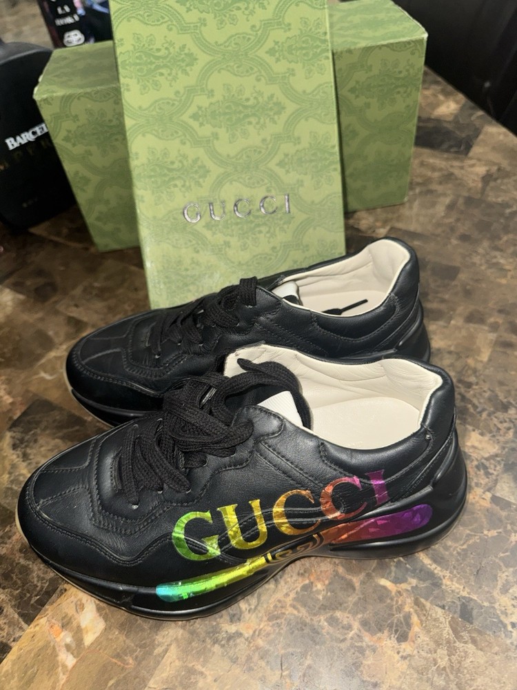 Gucci Black Leather Sneakers Rainbow Logo Lace Up Multicolor Men