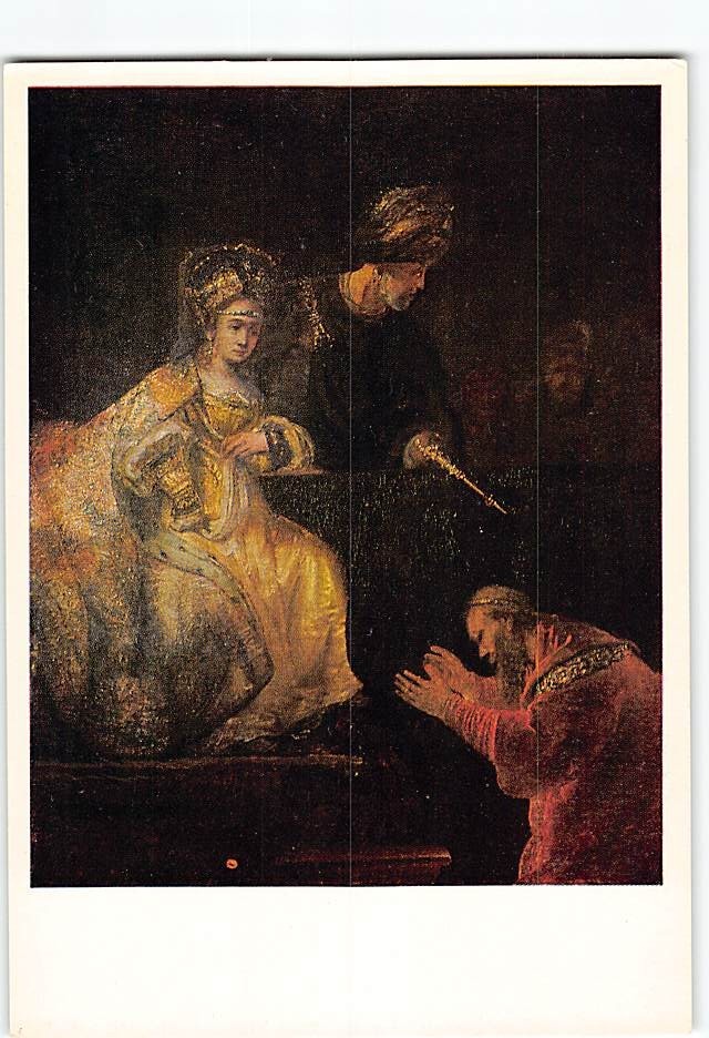 Postcard Haman Begging the Mercy of Esther Painting by Rembrandt van Rijn