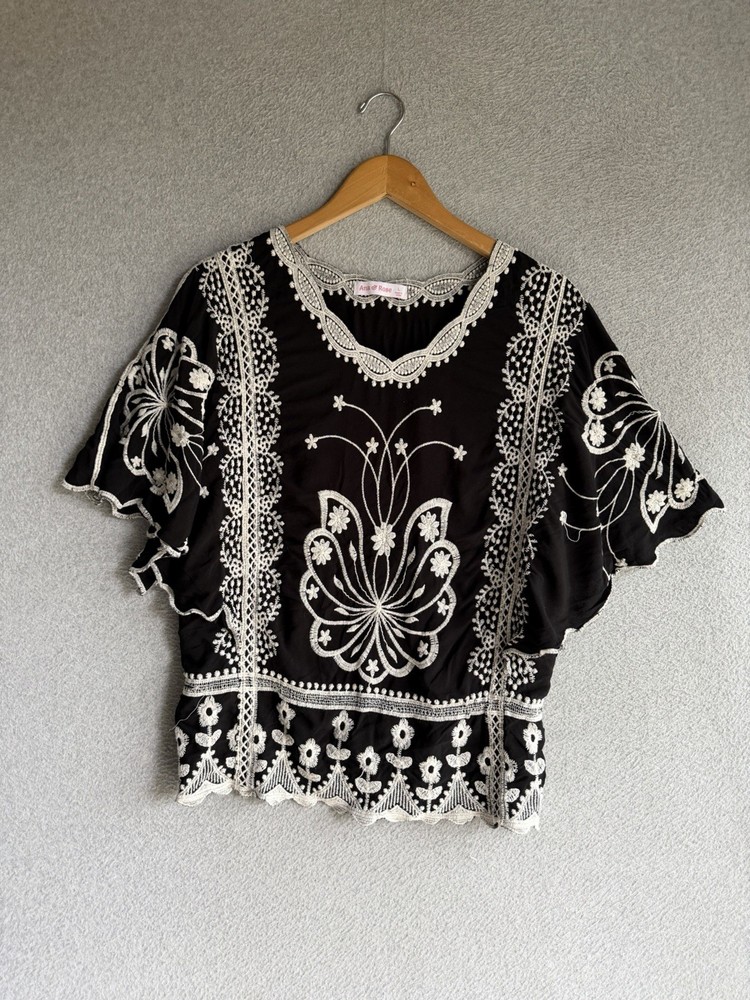 Ana & Rose Blouse Womens Large Black Floral Embroidery Boho Peasant Cottagecore