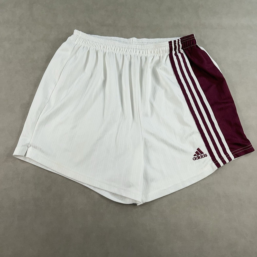 VTG Y2K 90s Adidas Shorts Men's Large Shiny Nylon White Maroon 3 Stripe Soccer