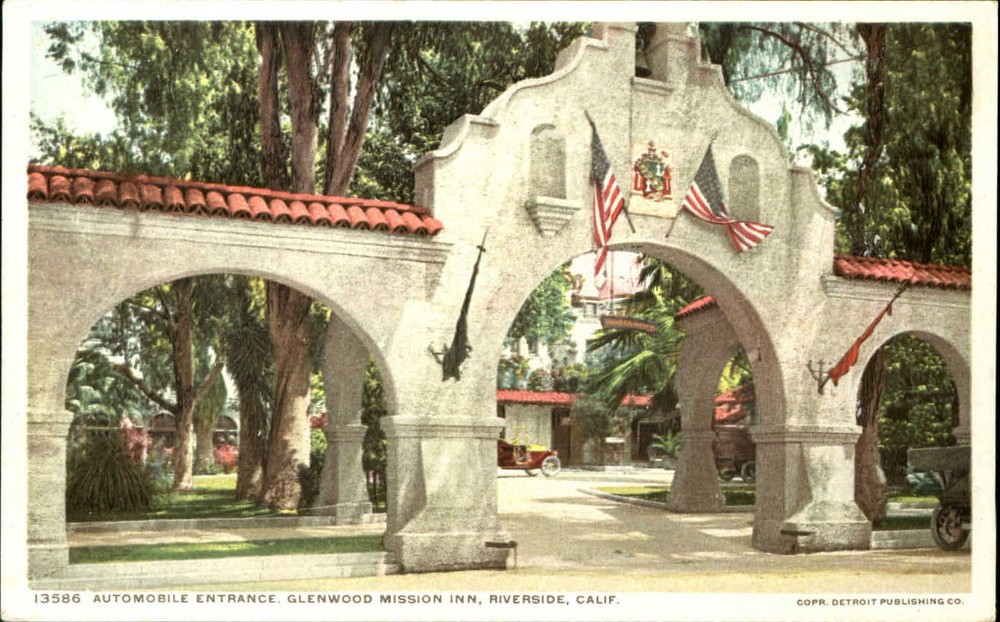 Glenwood Mission Inn Riverside California CA auto entrance arches Phostint 1920s
