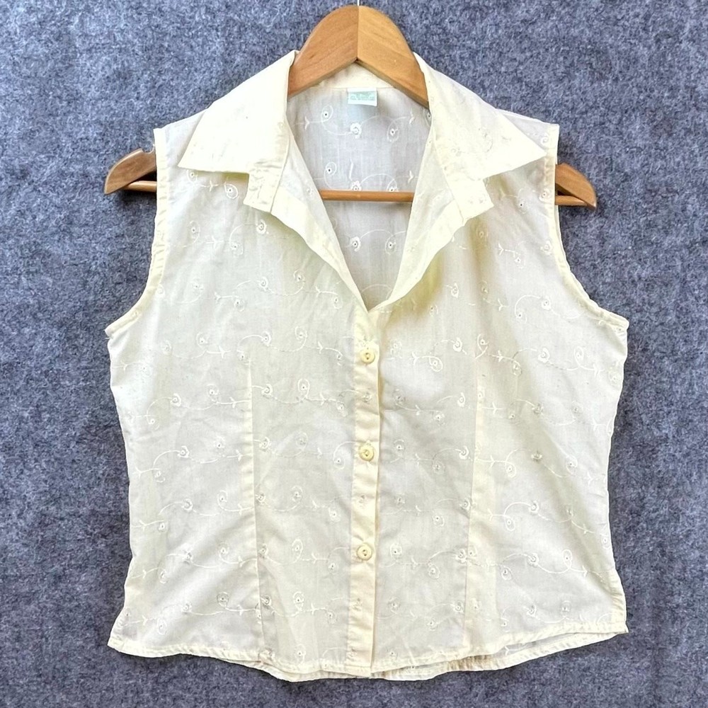 Vintage Womens Shirt Large Butter Yellow Eyelet Button Front Hippie Embroidered