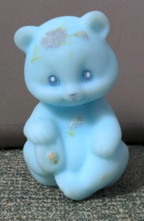 Vtg Fenton Satin Blue Custard Glass Bear Figurine Handpainted Flowers