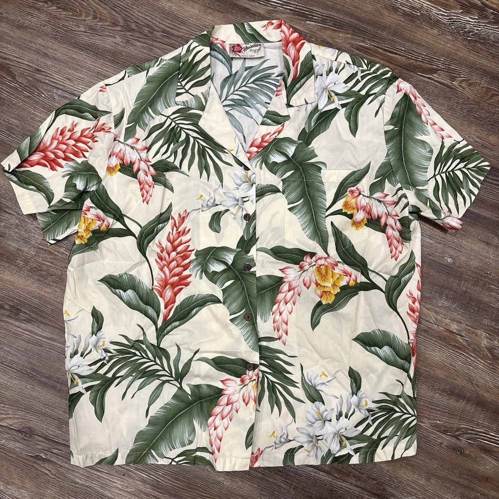 Vtg Hilo Hattie’s Women’s Rayon Hawaiian Button Up Shirt L Cream Floral Vacation