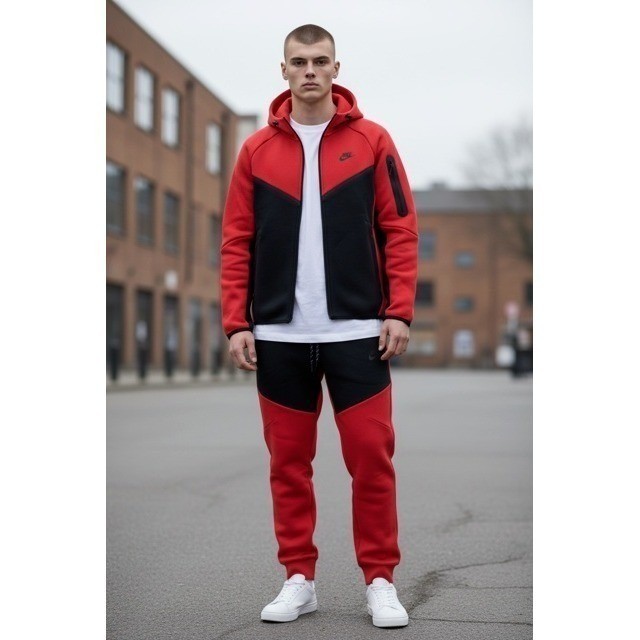 Nike Tech Tracksuit Full Set Red Black Full Zip Hoodie Jogger Pants Mens (2XL)