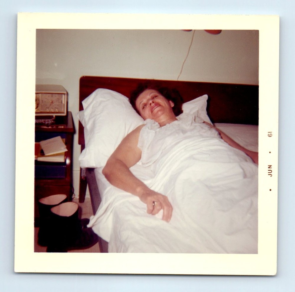 Old Vintage Square Color Photo SOLO WOMAN BED BOOTS ANTIQUE RADIO 1961