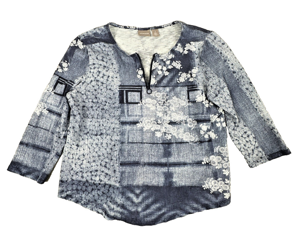 Chico's Blue Floral Patchwork Knit Top Size 1 Medium M/8 3/4 Sleeve Zip Accent