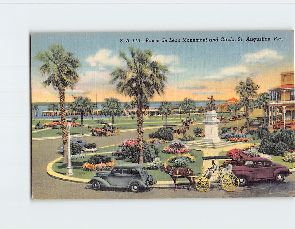 Postcard Ponce de Leon Statue Monument and Circle Saint St. Augustine Florida