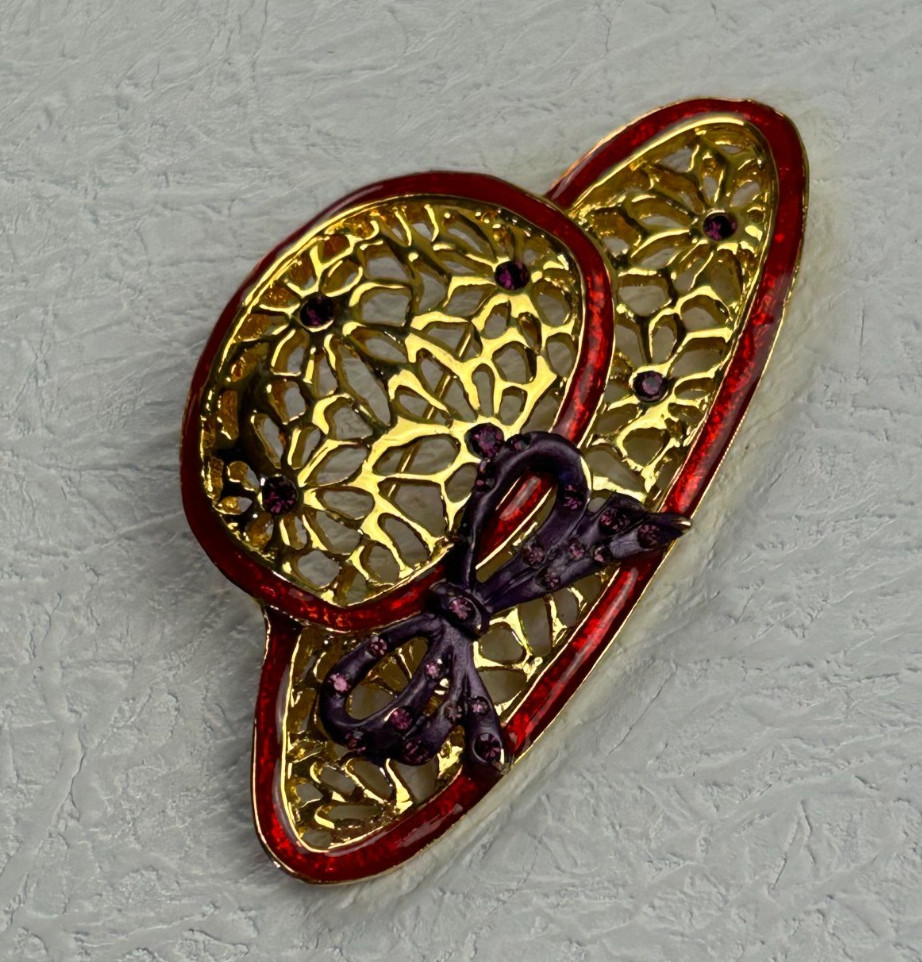Vintage Red Enamel Hat Brooch Gold Tone Purple Rhinestone Filigree Pin